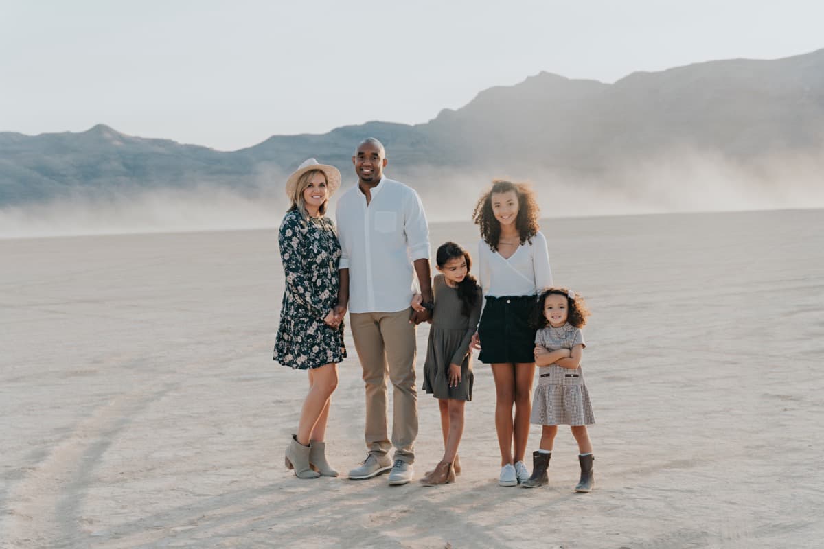 Couple portrait on a Las Vegas dry lake bed at golden hour