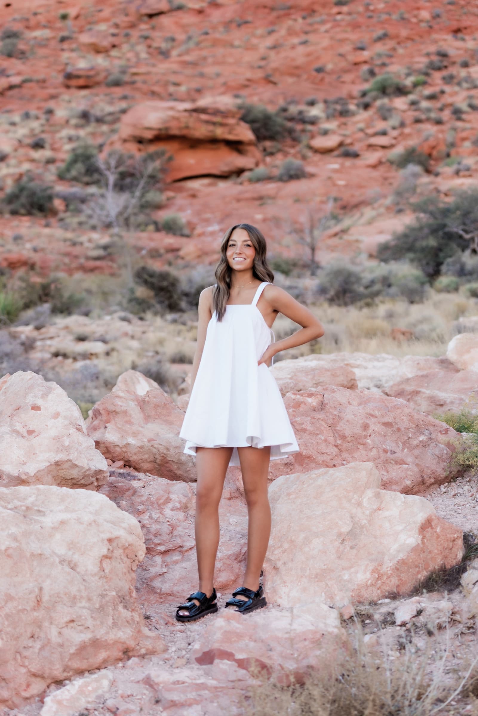 Senior girl white dress at Calico Desert