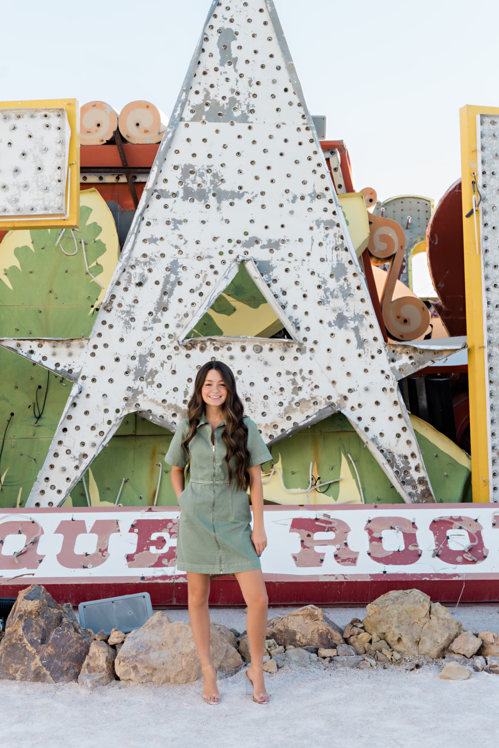 Senior girl green dress at Neon Museum
