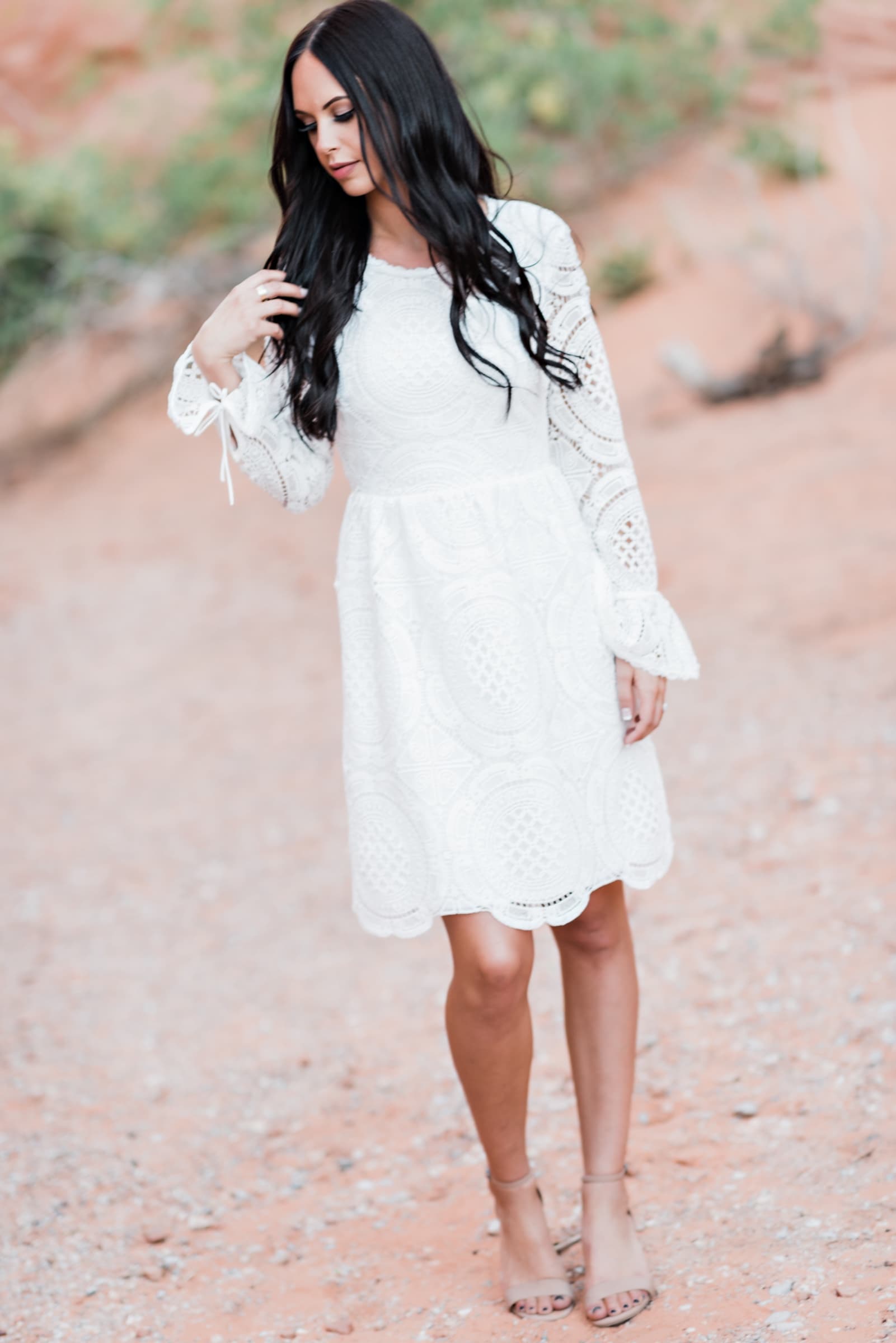 Senior girl white lace dress at Valley of Fire