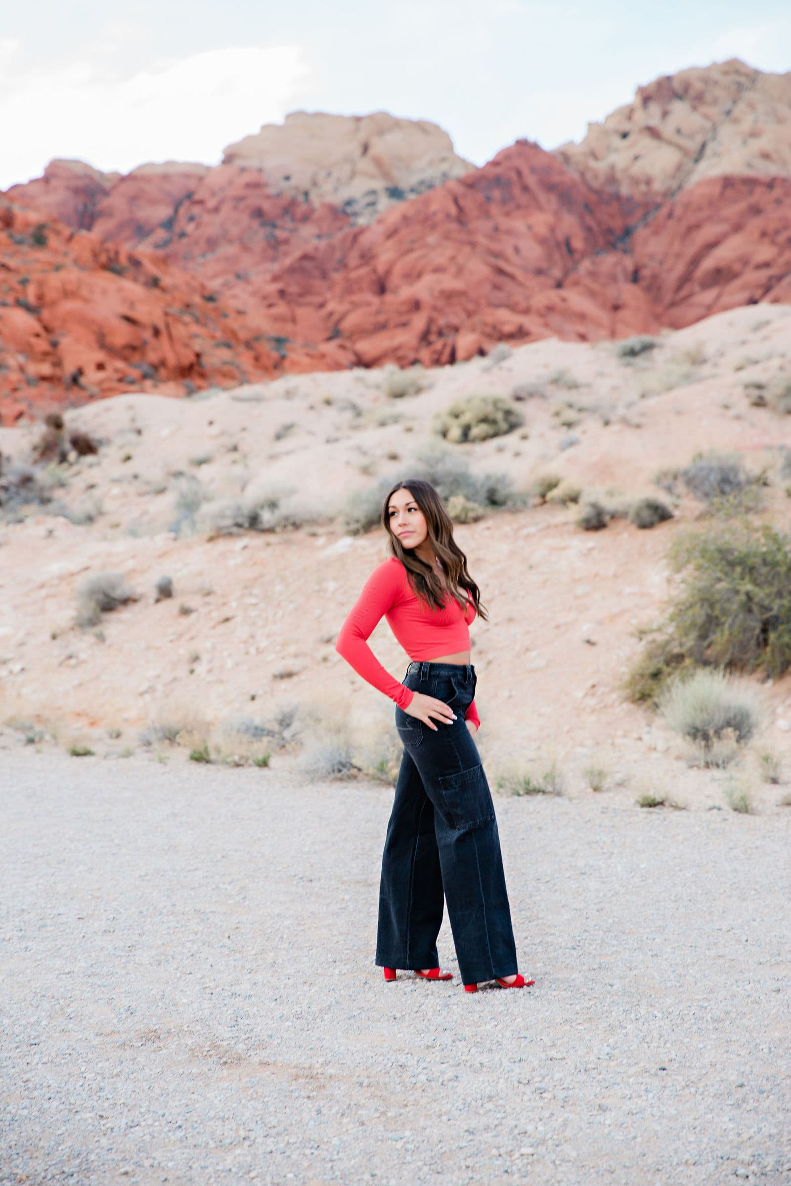 Senior girl red top wide-leg jeans Valley of Fire